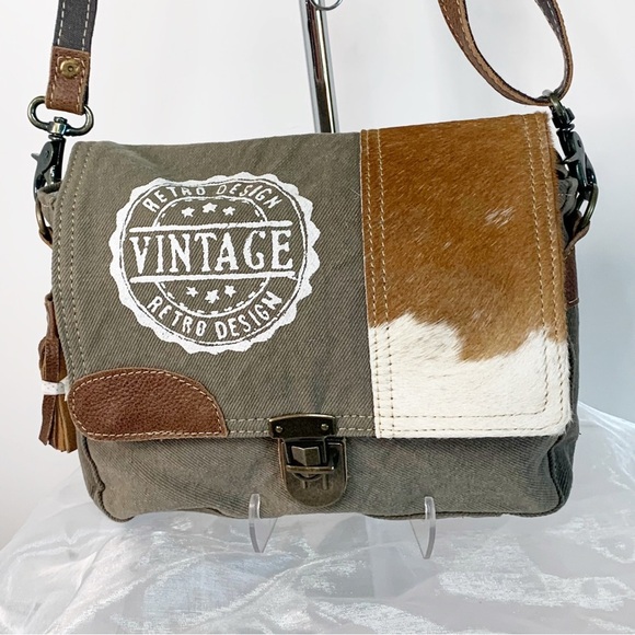 Myra Bags Vintage Stamp Canvas and Hairon Messenger Bag - Picture 4 of 6
